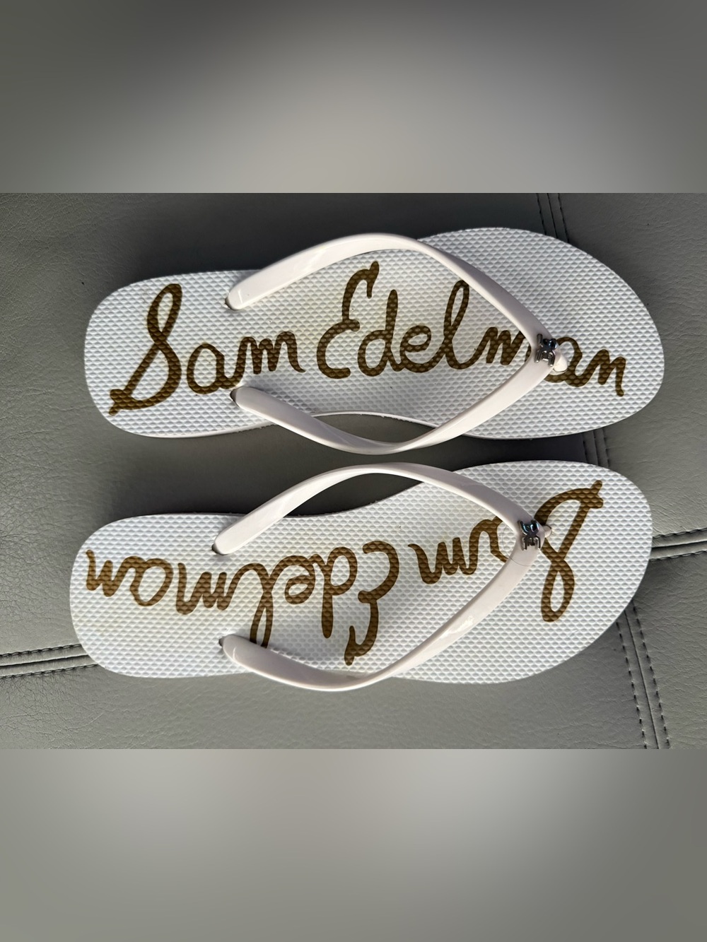 Sam Edelman White Flip Flops with Gold Script Logo- Skye